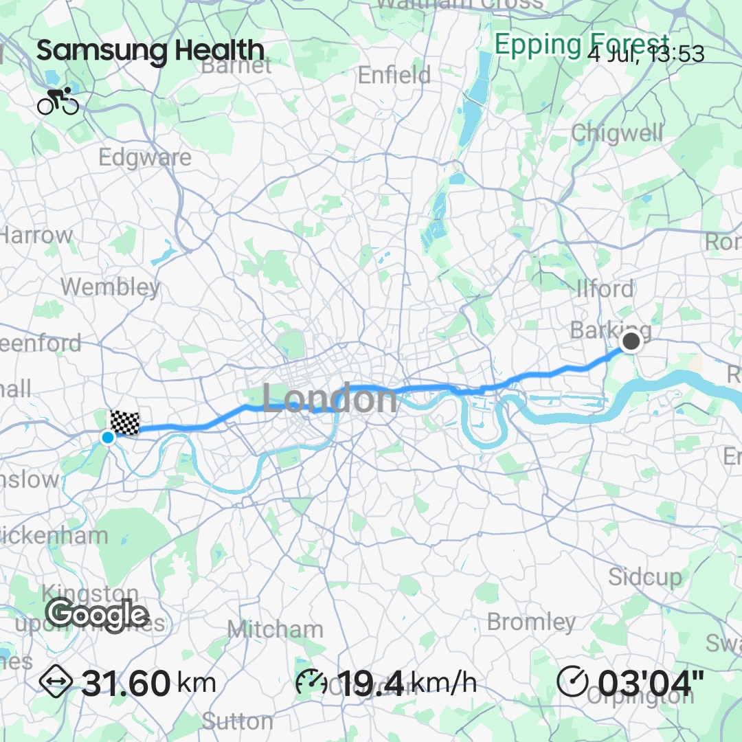 The route from Barking to Kew, straight across London